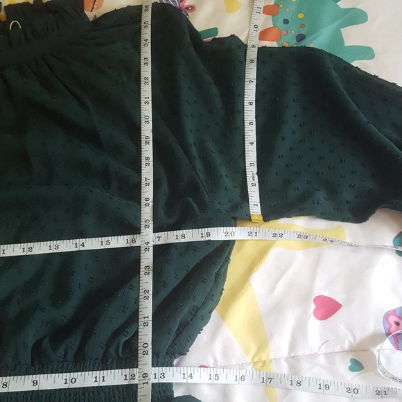 teal green swiss dot chiffon high neck gathered waist long sleeve dress - Picture 6 of 6